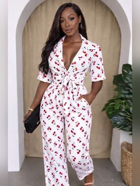 Cherry Print Wide Leg Set Tie Front Top Resort Chic Matching Set